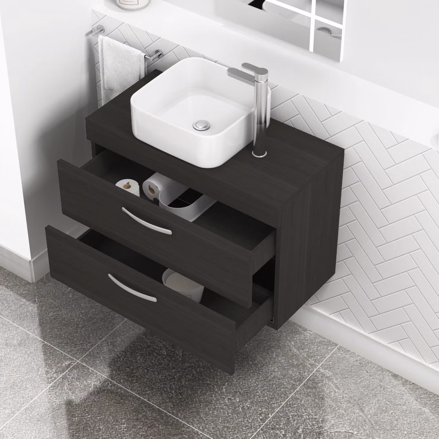 Royal Bathrooms 800mm Wall Hung Charcoal Oak Vanity Unit with Elena Countertop Basin and 2 Soft Close Drawers