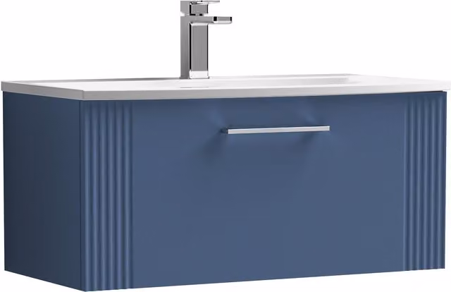 Balterley Wall Hung 1 Drawer Vanity Unit with Curved Basin, Satin Blue, Width: 80 cm – 1
