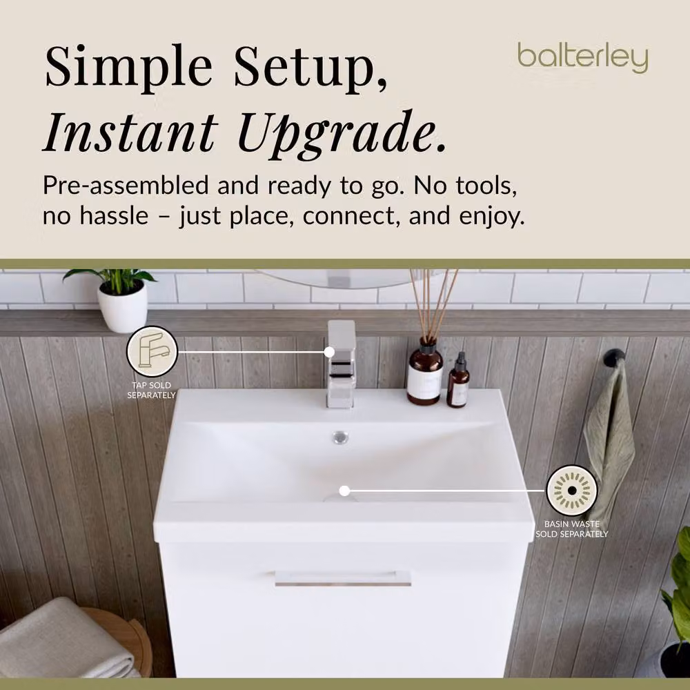 Balterley Modern Gloss White 2 Drawer Floor Standing Bathroom Vanity Unit with Rectangular Mid-Edge Basin, W: 61 cm, D: 39 cm, H: 84 cm – 2