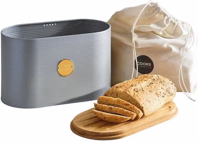 Cooks Professional Ribbed Bread Bin with Bamboo Cutting Board Lid and Linen Bag, Grey and Gold