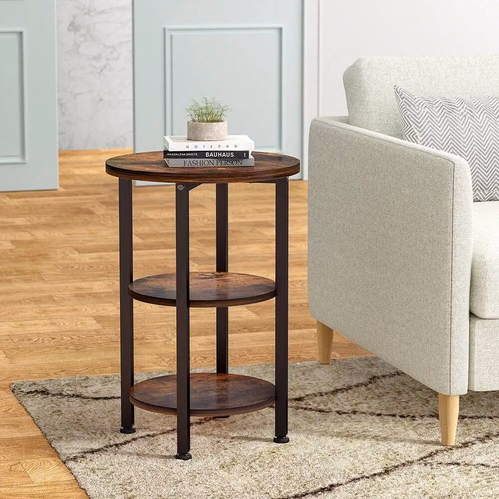 KORVIXA 3 Tier Round Industrial Wood and Metal Side Table in Brown – 3