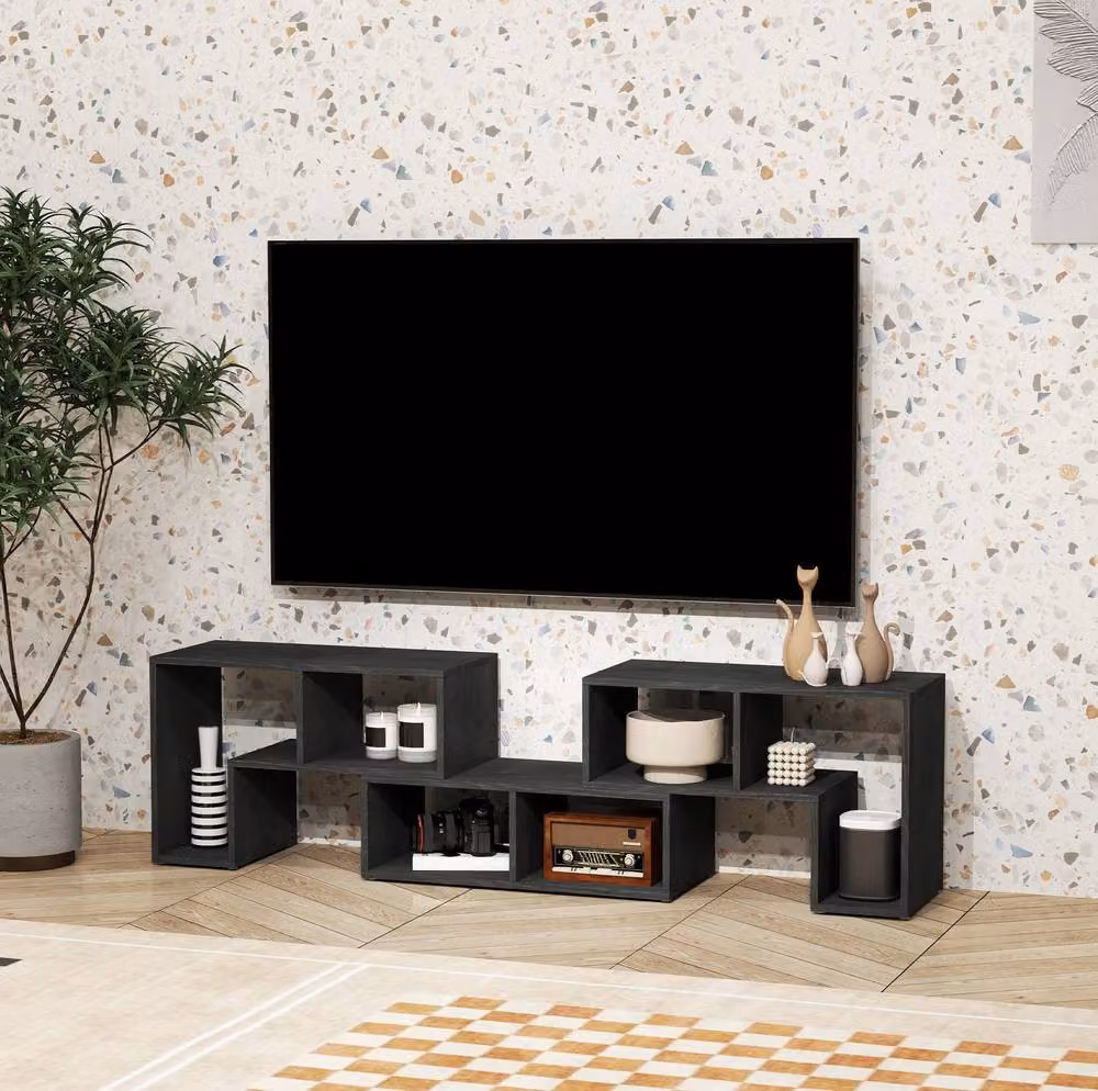 STILVORA Extendable Modern Black TV Stand with 6 Media Compartments – 2