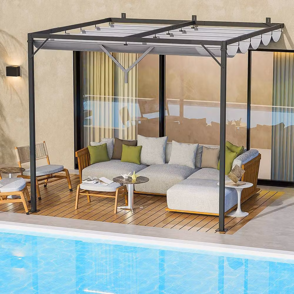 Gartistgo Grey Lean-To Pent Pergola with Retractable Polyester Roof Canopy – 7