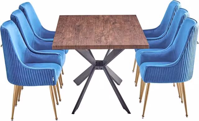 Life Interiors Soho Duke LUX Dining Set with Rectangular Wood Table and 6 Blue Velvet Chairs with Gold Accents