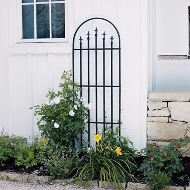 Primrose French Arch Metal Trellis with Finials in Black, Height: 203 cm – 1
