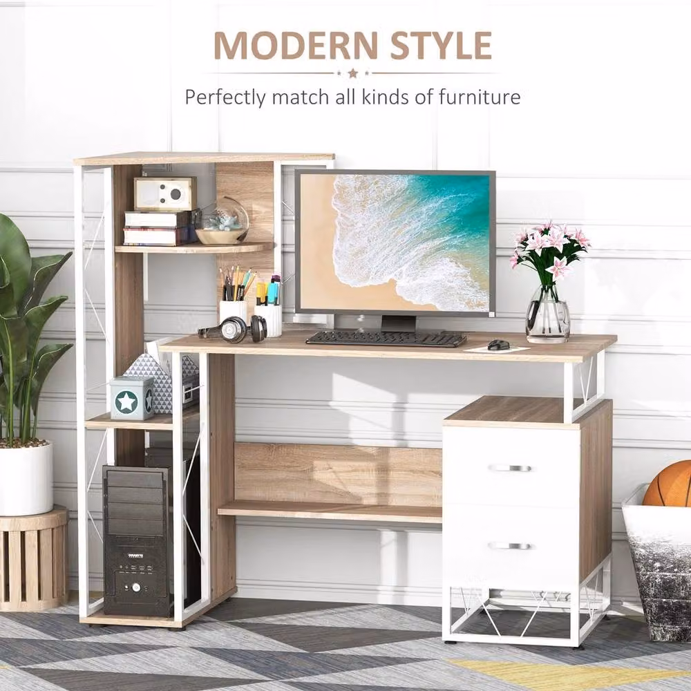 FORGEVIO Multicolour Computer Desk with 2 Drawers and Multi-Shelves – 3