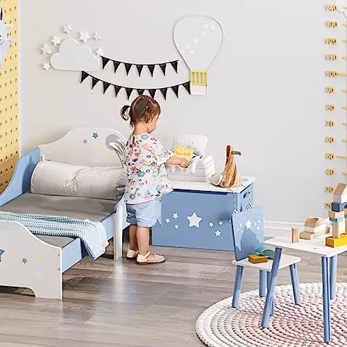 HOMCOM Kids Wooden Toy Storage Chest with Soft Close Lid and Handles, Blue and White, W: 55 cm, D: 34 cm, H: 34 cm – 2