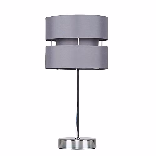 ValueLights Pinto Modern Silver Chrome Table Lamp with Grey Fabric Shade – 1