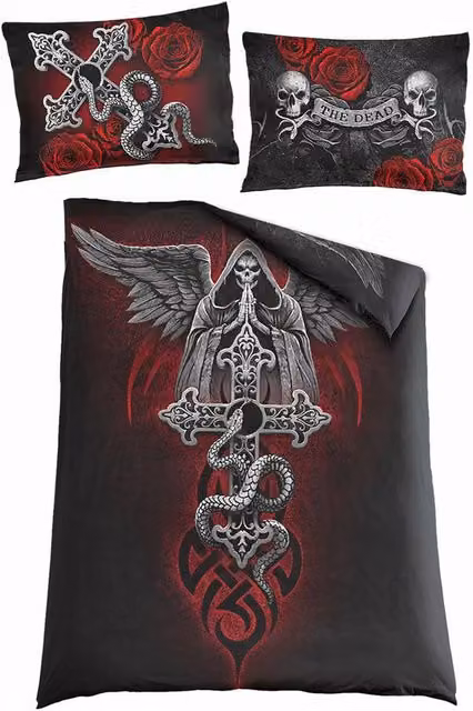 Spiral Direct The Dead Reversible Cotton Duvet Cover and Pillowcase Set in Black, W/D/H: 135 x 200 cm and 90 x 200 cm