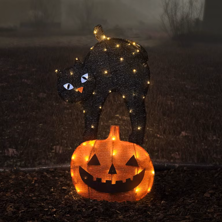 Lights4Fun Halloween Cat and Pumpkin Outdoor Stake Light with Black Cat and Jack O’Lantern 2D Figures and Warm White LEDs