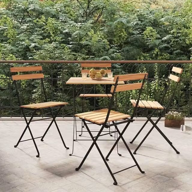 Berkfield Home Set of 4 Folding Bistro Chairs in Brown Solid Teak Wood and Steel