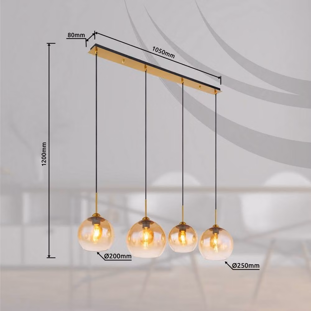 Netlighting Jamessa Bar Pendant Light with Amber Glass Shades and Brass Finish, 4x E27, W/D/H: 120 x 60 x 25 cm – 3