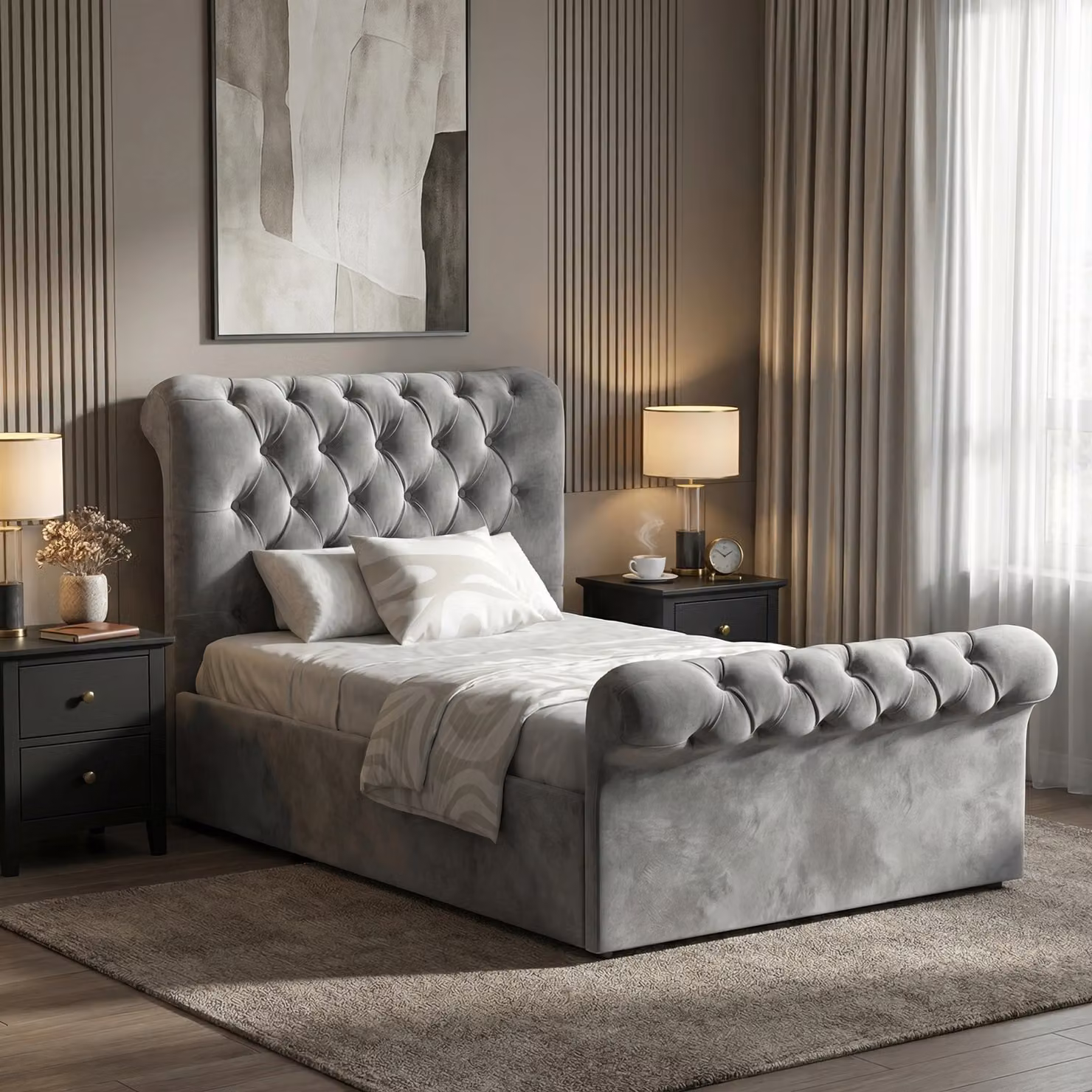 DHS Chesterfield Ottoman Storage Bed Frame, Single (3ft), Dark Grey Velvet Fabric, W/D/H: 90 x 190 cm