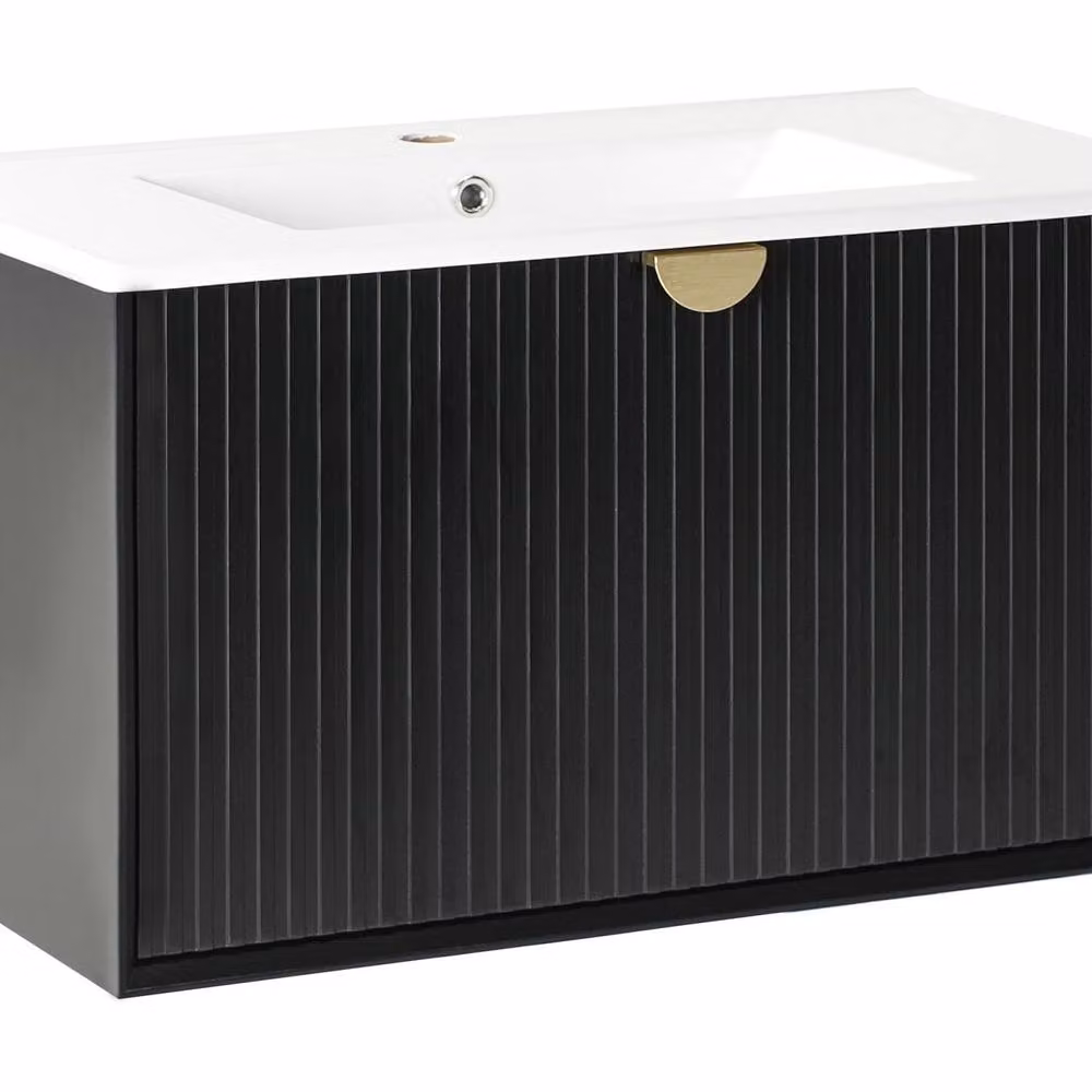 Wyld and Coco Black Lacquered Wood Wall Mounted Vanity with Built In Basin W: 80 cm, D: 43 cm – 2