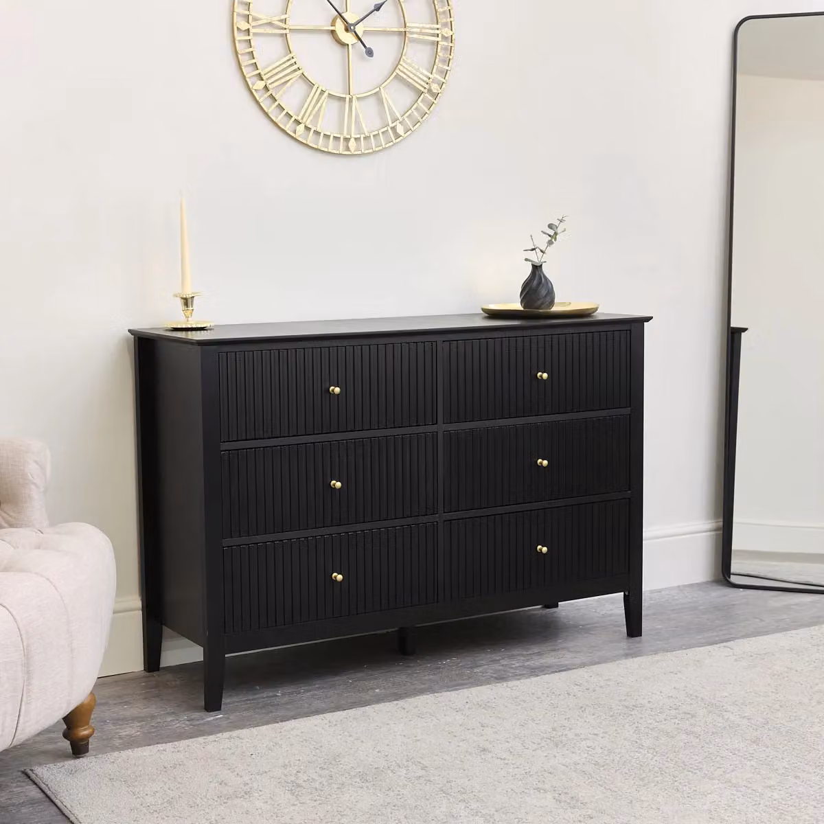 Melody Maison Hales Black Range Large 6 Drawer Chest of Drawers and Pair of Large Bedside Tables in Black and Gold – 3