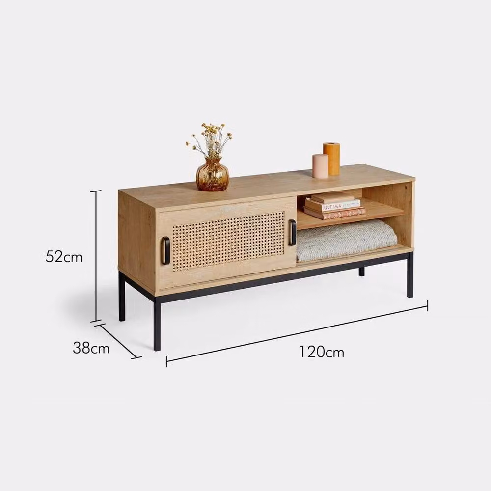 EONLION Boho Rattan and Metal TV Unit Cabinet in Brown and Black, W/D/H: 120 x 38 x 52 cm – 2