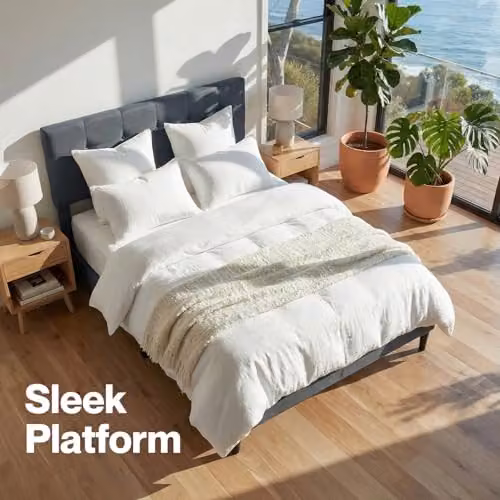 Levede Upholstered Fabric Bed Frame in Grey, W/D/H: 140 x 200 cm – 7