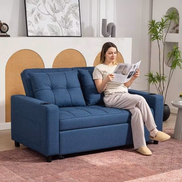 HOMCOM 2 Seater Pull Out Sofa Bed in Dark Blue with Fabric Upholstery and Scatter Cushions