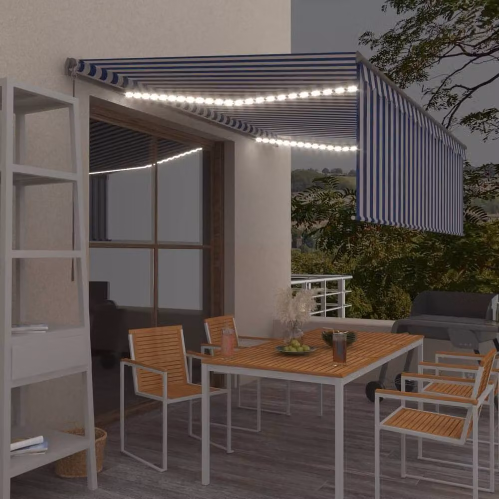 Berkfield Home Manual Retractable Awning with Blind and LED, Blue and White Striped, W: 400 cm, D: 300 cm – 2