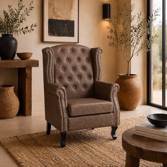 Wyld Haus Selato Brown Chesterfield Style Wingback Accent Chair in Faux Leather – 1
