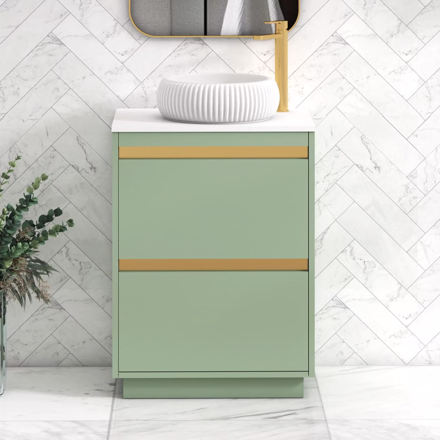 Royal Bathrooms Orion 600mm Mint Sage Floor Standing 2 Drawer Vanity Unit with Milan Basin and Brushed Brass Accent Trim