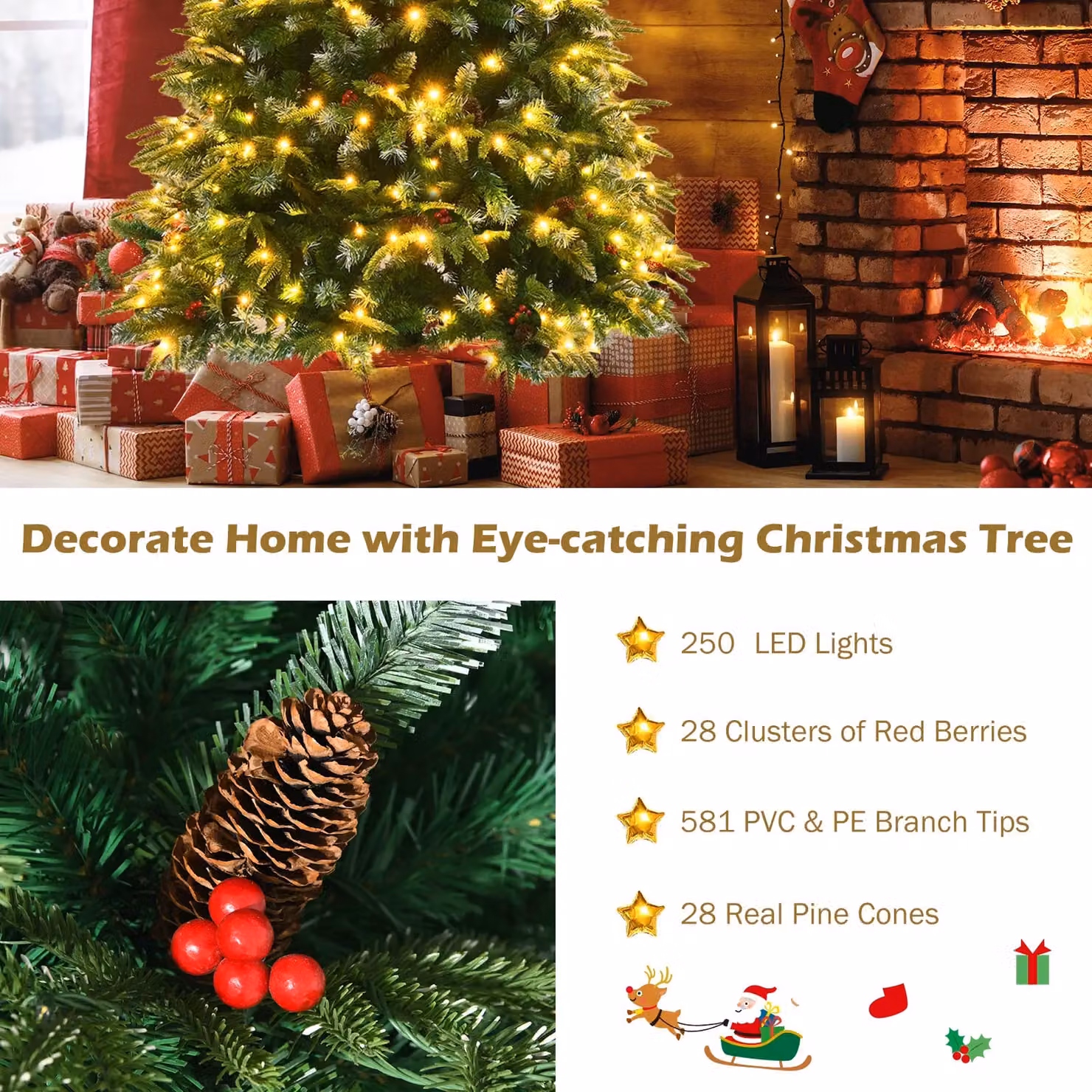 Costway 5FT Pre-Lit Snowy Artificial Christmas Tree with 250 LED Lights and 11 Lighting Modes in Green – 4