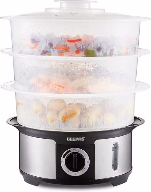 Geepas 12L 3 Tier Electric Food Steamer and Slow Cooker in White – 1