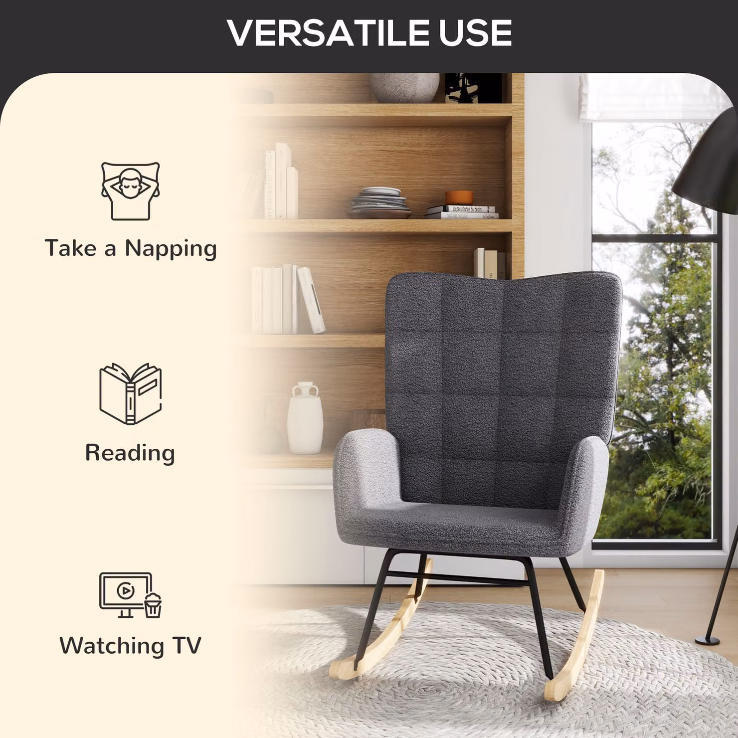 HOMCOM Modern Wingback Rocking Chair in Grey Bouclé Fabric with Mixed Metal and Wood Frame – 5
