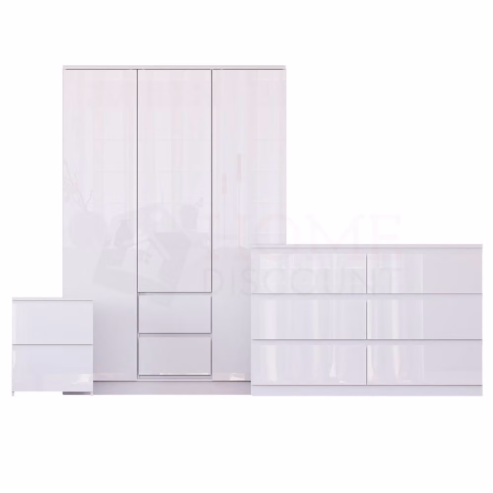 Vida Designs Glinton 3 Piece Modern Glossy White Bedroom Set Including Wardrobe, 6 Drawer Chest and 2 Bedside Tables – 2