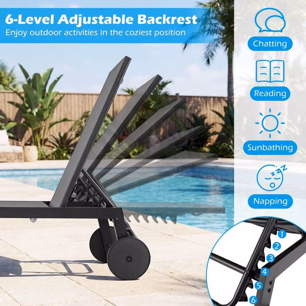 KORVIXA Grey Textilene Outside Sun Lounger Patio Chaise Lounge Chair with Adjustable Headrest and Castors – 4