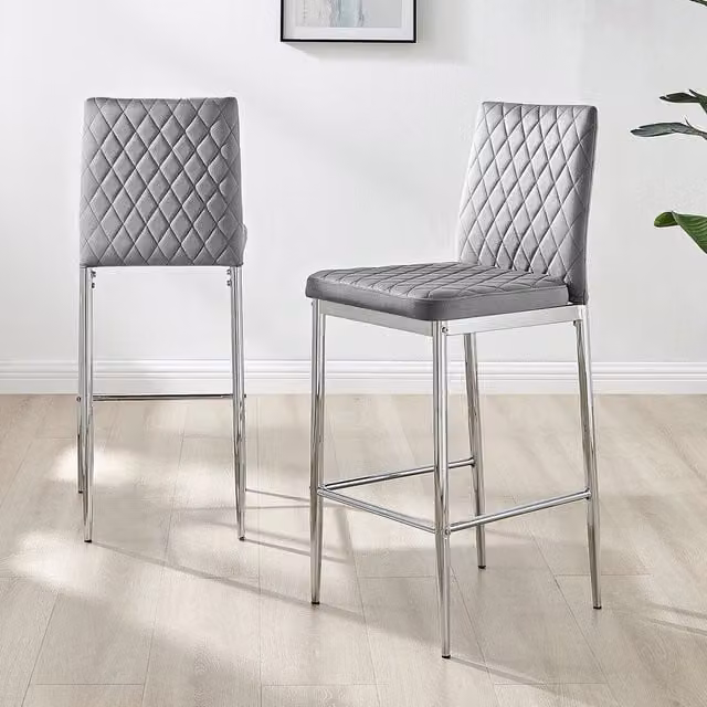 FurnitureboxUK Set of 2 Modern Milan Grey Velvet Bar Stools with Chrome Legs