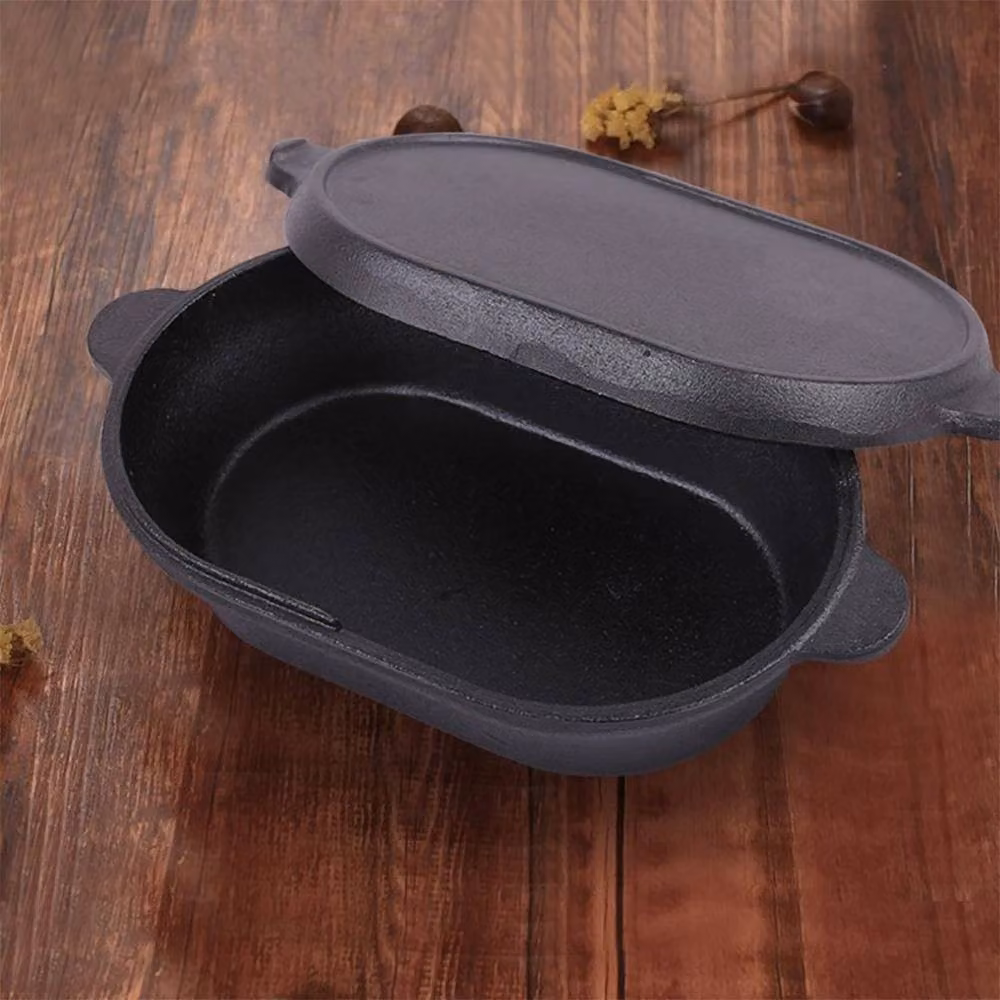 Kelvenix Pre-Seasoned Black Cast Iron Oval Braiser Casserole with Grill Lid – 4