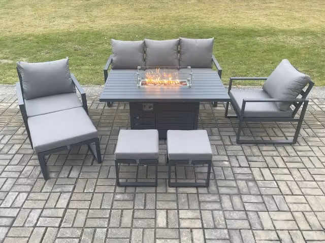 Fimous Aluminium Outdoor Lounge Sofa Set with Gas Fire Pit Dining Table and 3 Footstools in Dark Grey