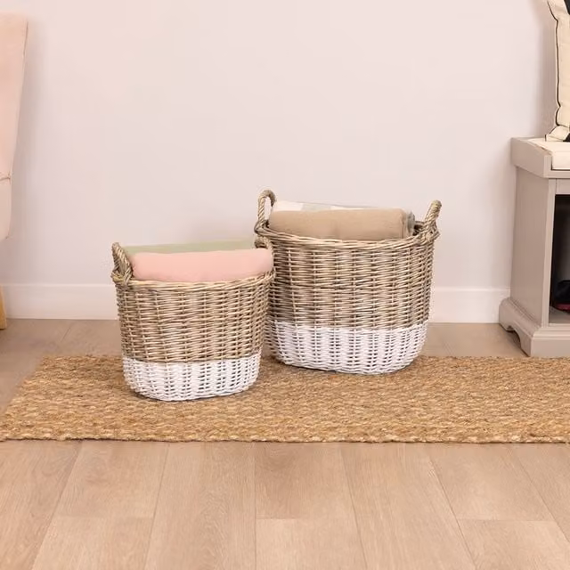 Charles Bentley Set of Two Large Open Weave Wicker Baskets with Handles in Brown