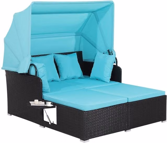 Gymax 2 Seater Blue Rattan Garden Daybed with Sun Canopy and Side Tray