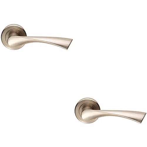 Loops Pair of Angular Twisted Handle on Round Rose Internal Door Lever in Satin Nickel with Concealed Fixings