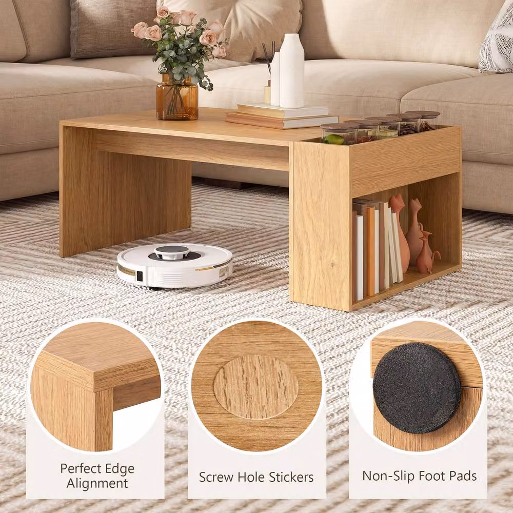 Gymax Double-Layer Rectangular Coffee Table in Brown Wood – 3
