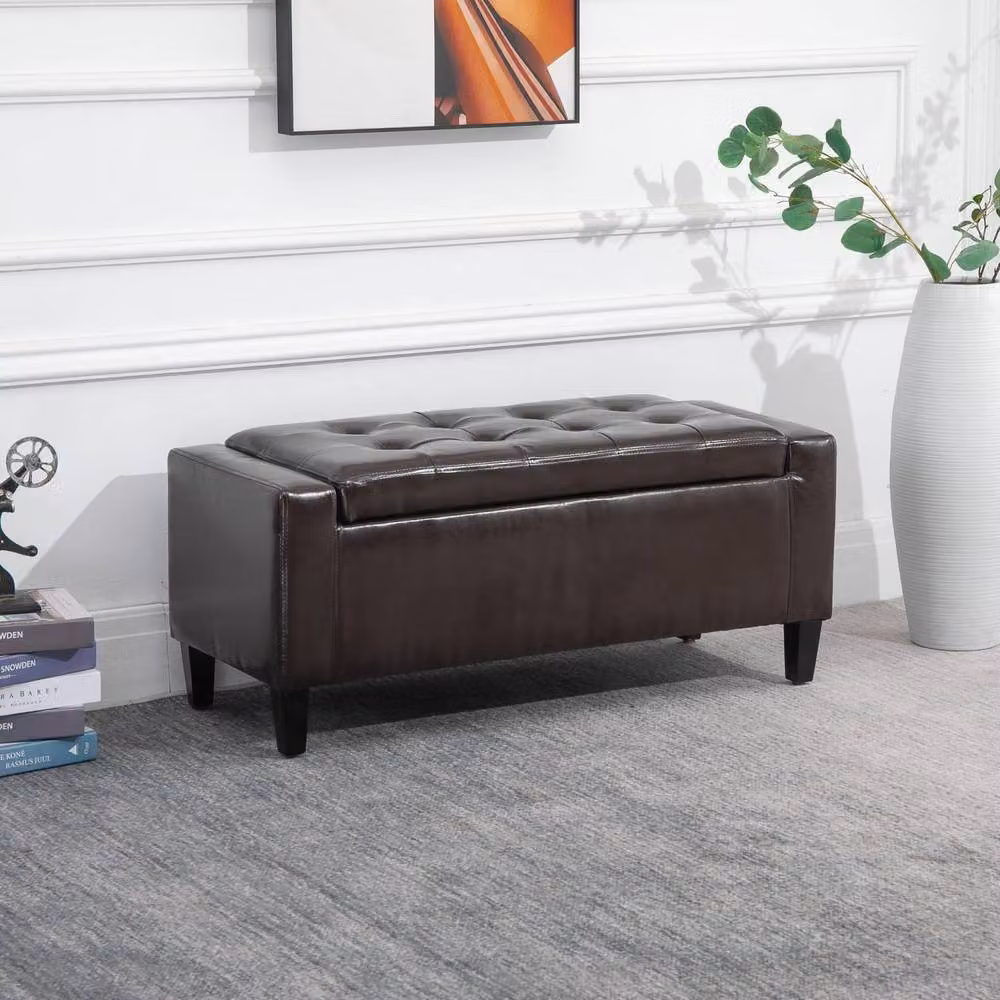 Wyld Haus Rira Brown Faux Leather Storage Ottoman Bench with Diamond Tufted Seat – 3