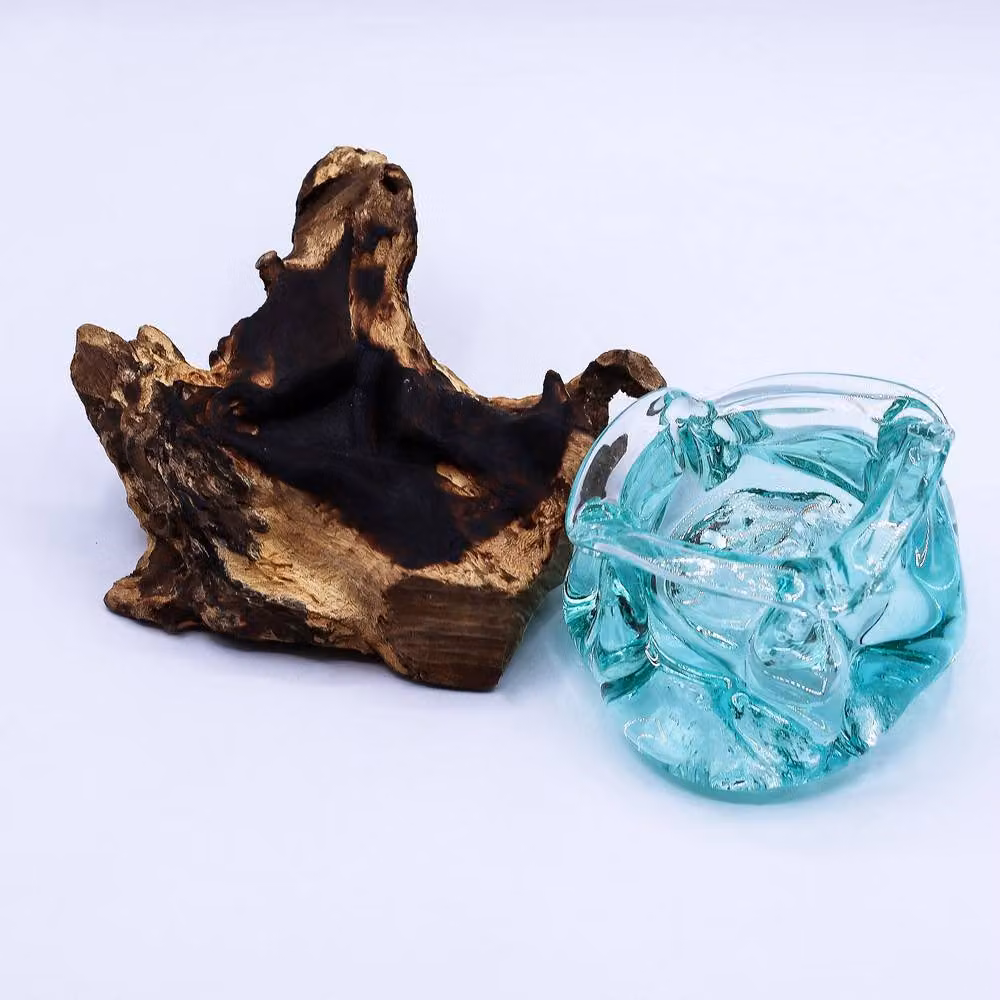 Serenityy Molten Glass Ashtray and Candle Holder on Gamal Wood in Clear, Diameter: 23 cm – 4