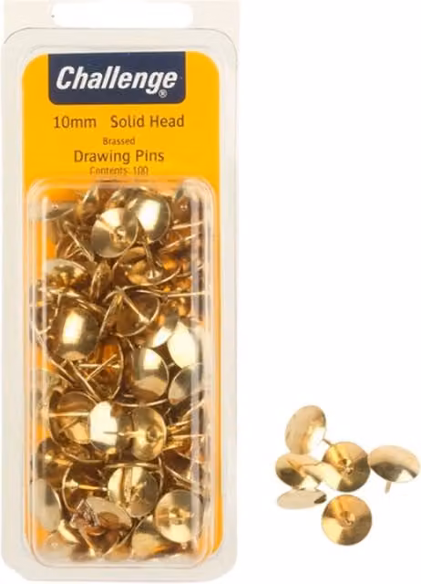 Challenge Brass Plated Solid Head Drawing Pins, Gold, 100 Pack
