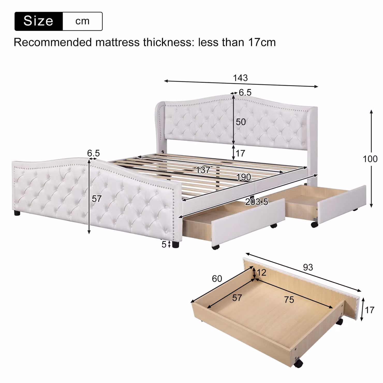 Matteo Upholstered Bed with Slatted Frame and 2 Drawers in White, W/D/H: 140 x 200 cm – 6