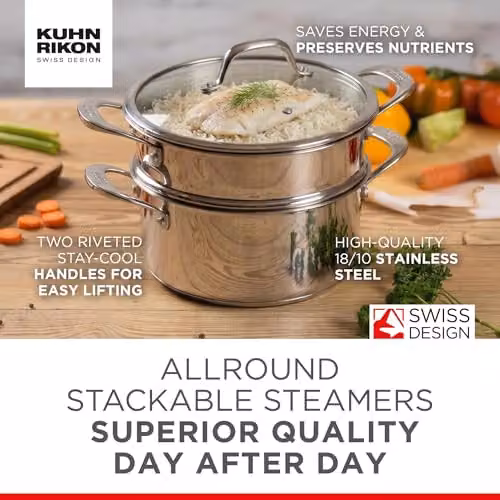 Kuhn Rikon 2-Tier Stainless Steel Steamer Set with Glass Lid, Silver, 3.1 l, Diameter: 20 cm – 2