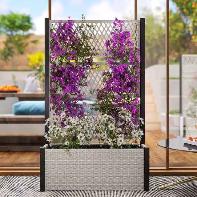 Outsunny Mixed-grey Garden Planter Box with Trellis and Liner