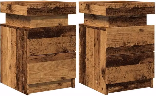 Berkfield Home Set of 2 Stylish Bedside Cabinets with Integrated LED Lighting in Brown Old Wood, W/D/H: 35 x 39 x 55 cm – 1