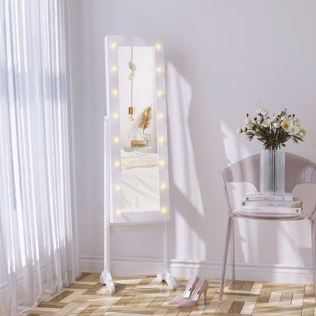 HOMCOM Freestanding LED Mirrored Jewelry Cabinet in White