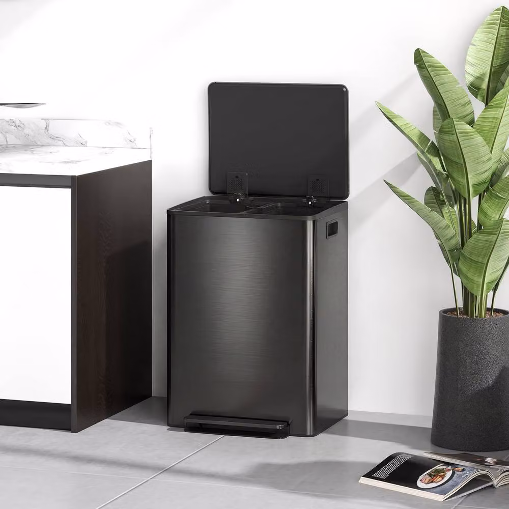 STILVORA 60L Dual Kitchen Bin with Soft-Close Lid and Pedal in Black Stainless Steel – 6