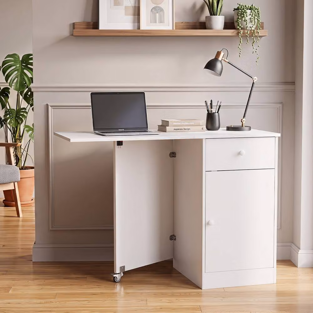 Costway Modern White Folding Dining Table with Butterfly Drop Leaf and Drawer – 3