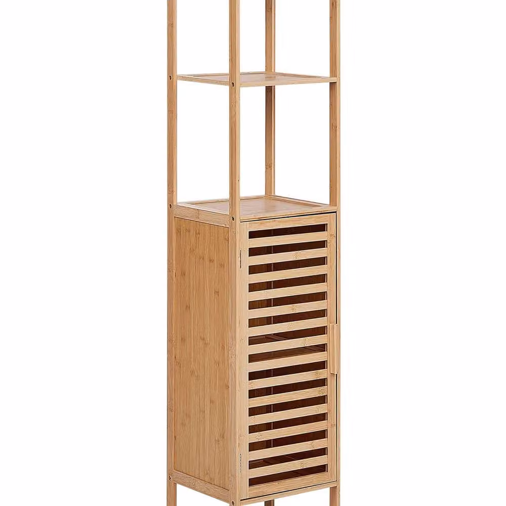 Wyld and Coco Minimalist Bamboo Bathroom Shelving Unit with Door, Light Brown, H 145 x W 32 x D 30 cm – 2