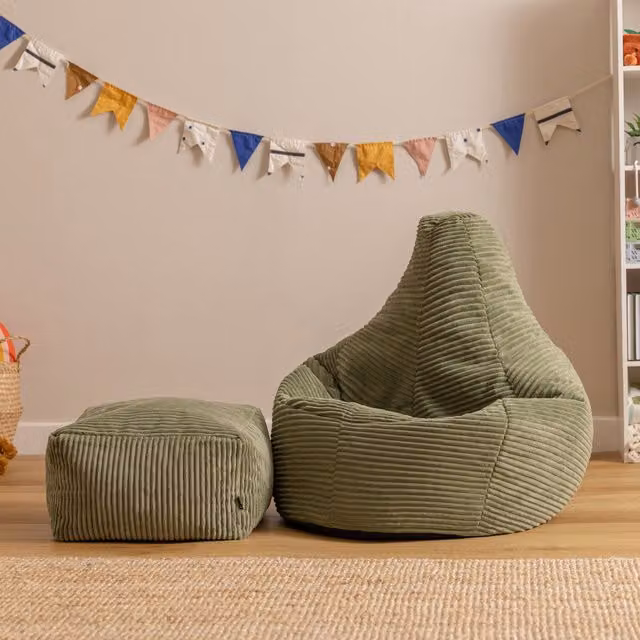 Icon Kids High Back Chair and Footstool in Green Jumbo Cord with Removable Cover