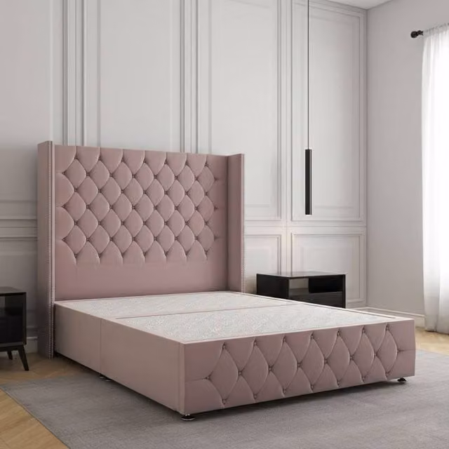 Regional Furnishings Super King Plush Velvet Divan Bed with 54 inch Headboard and Footboard in Pink, W/D/H: 200 x 137.16 x 3 cm